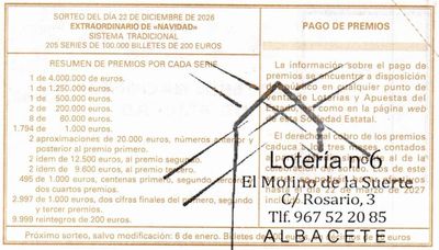 Reverso del d&eacute;cimo 32266 con el sello de la Administraci&oacute;n n&ordm; 6 &laquo;El Molino de la Suerte&raquo;, en Albacete